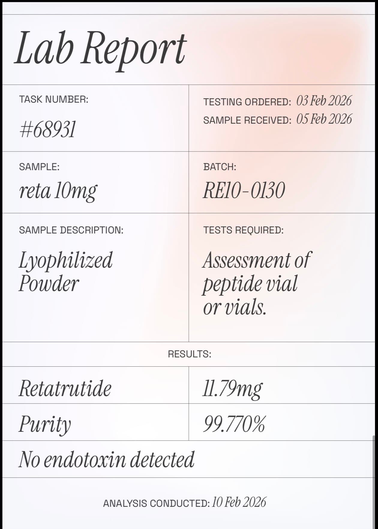 Retatrutide lab report, batch RE10-0130